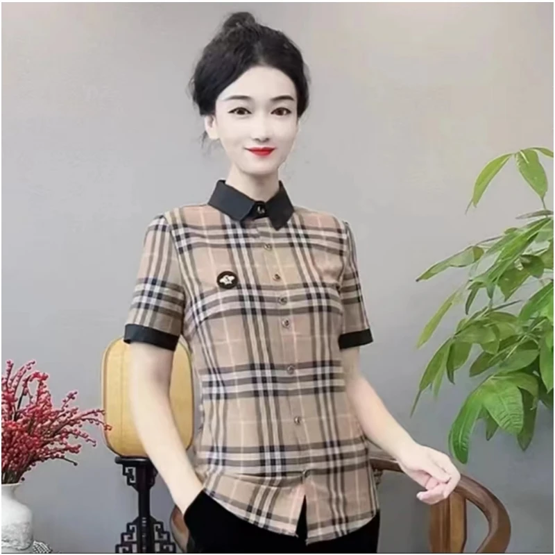 欧货格子印花衬衫女士夏装网红同款拼色领设计百搭显瘦短袖衬衣潮