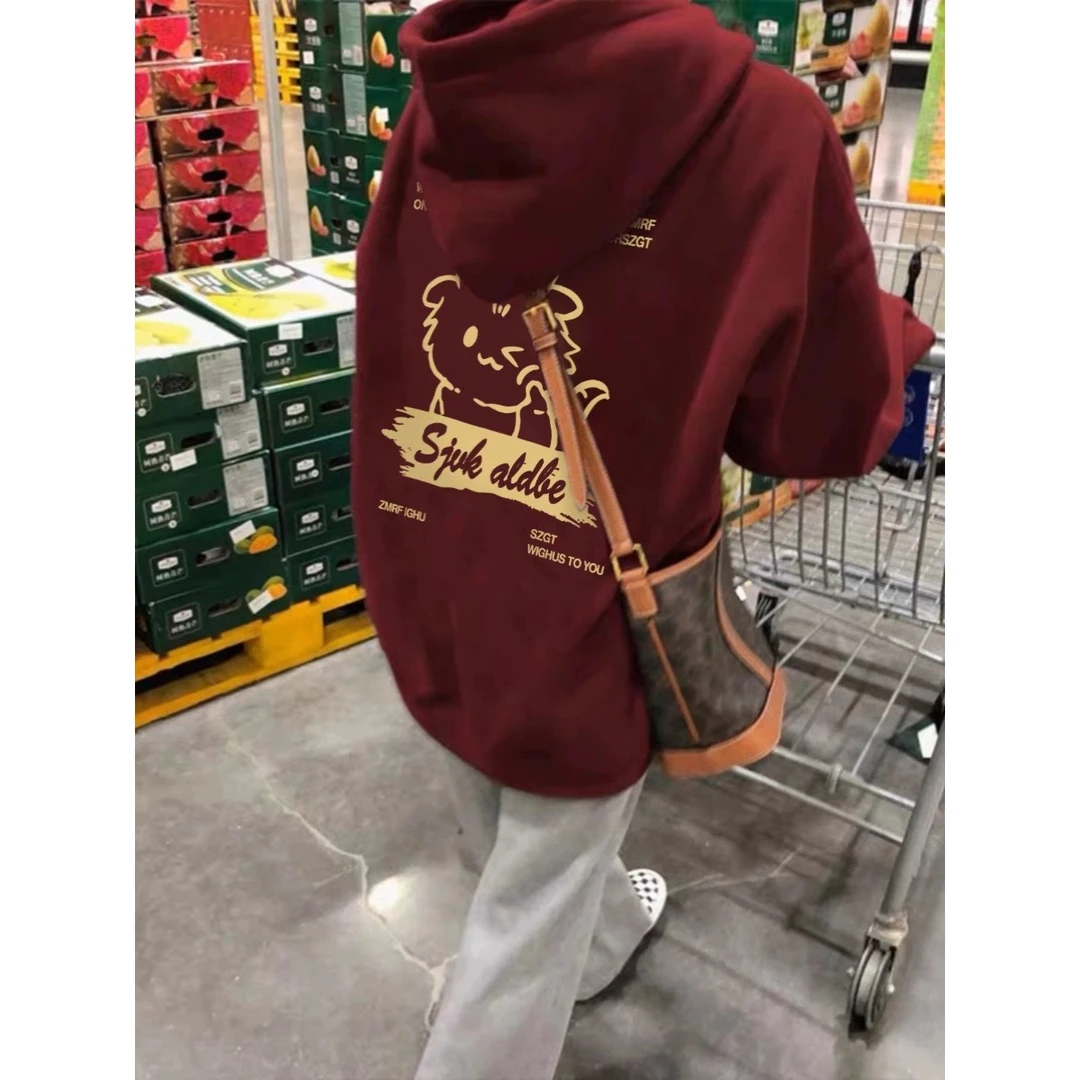 加绒连帽卫衣女上衣冬新年百搭长袖慵懒卫衣红色宽松风慵懒风卫衣