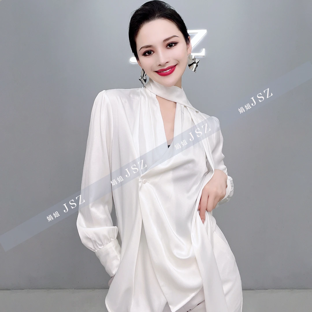 秋冬百搭气质白色时尚设计师绑带白色衬衫