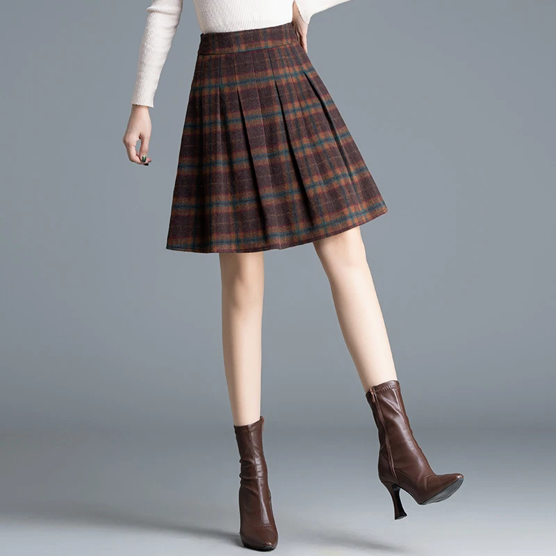 冬季卡其棕色复古毛呢格子裙洋气减龄裙高腰百褶裙90567半身裙
