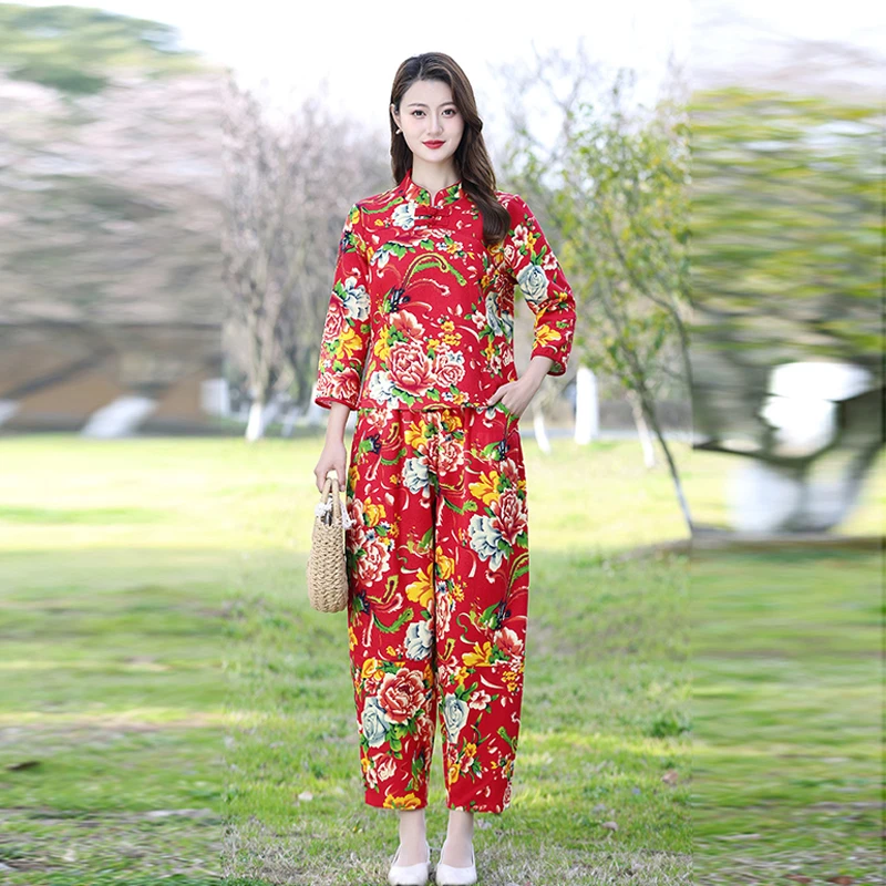 民族风网红爆款东北大花棉麻套装中国风复古盘扣时尚中式印花（正）