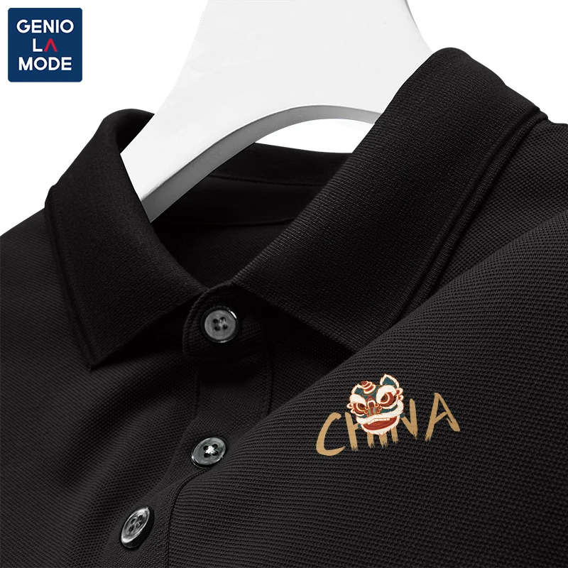 GENIOLAMODE短袖polo衫男士夏季国潮中国风醒狮印花男款半袖T恤棉