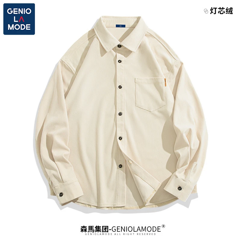 GENIOLAMODE衬衫男设计感小众工装复古灯芯绒春秋季开衫长袖外套