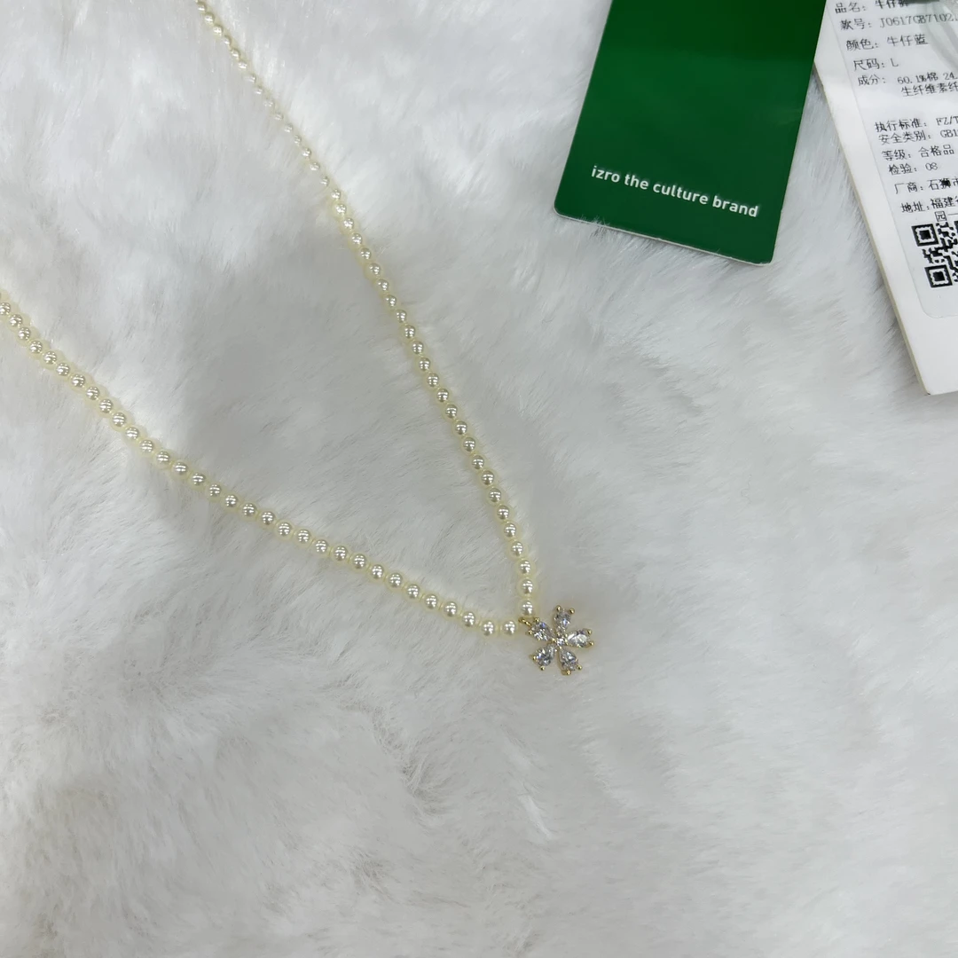 铜合金仿珍珠项链 小米珠小花花 奶白色3mm珠珠 小巧精致148