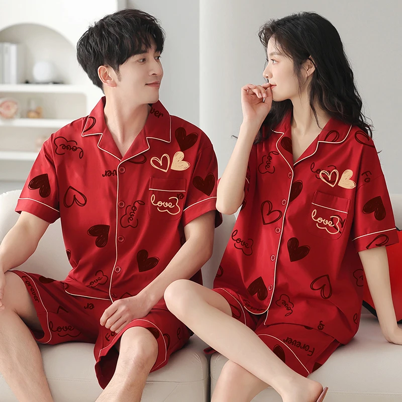 2套价 结婚情侣睡衣夏季100%纯棉酒红色家居服男女士新婚薄款套装