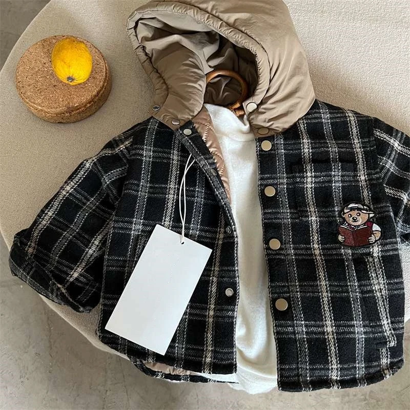 儿童冬季夹棉外套2025冬款男女童小熊连帽格子棉衣宝宝假两件棉服
