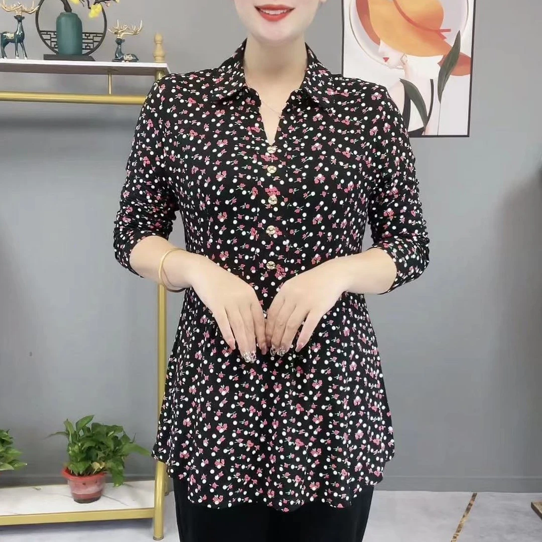妈妈装秋季新款纯色花色上衣打底衫中长款碎花大码上衣洋气T恤