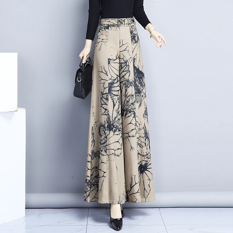 印花裙裤阔腿裤2024年秋季新款气质高腰长裤阔脚裤显瘦休闲裤子