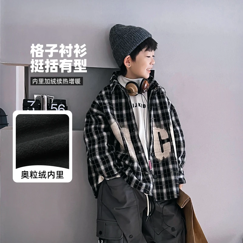 儿童加绒冬装外套复古格子翻领开衫韩版男童2023中大童 3091552O0