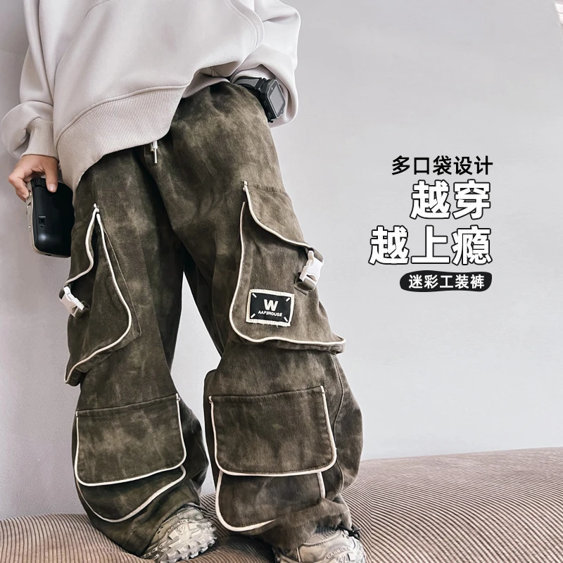 现货男童潮牌迷彩多口袋直筒长裤工装裤儿童帅气中大童  403198O0