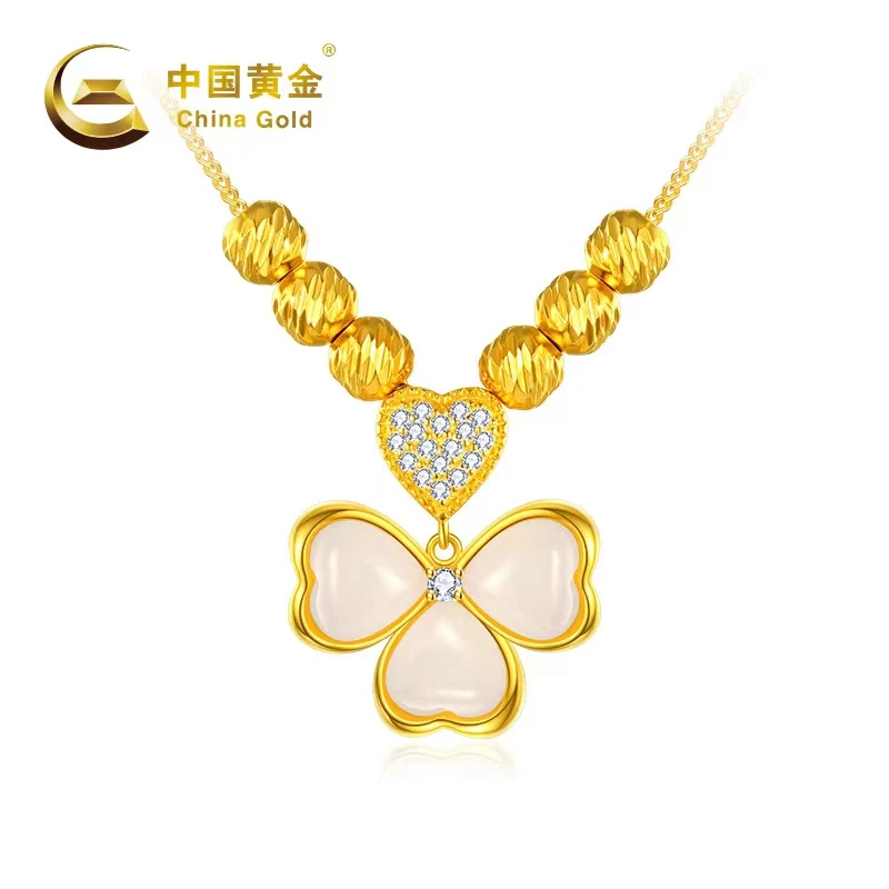 China Gold/中国黄金幸运永相伴和田玉套链 四叶草 经典镶嵌 时尚