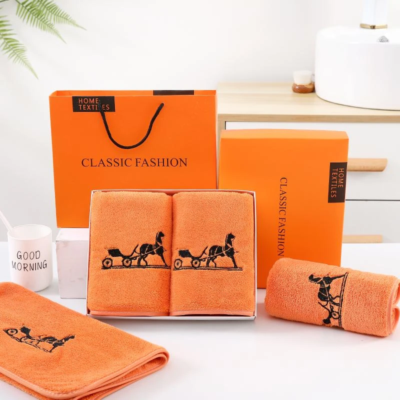 【礼盒装】轻奢橙刺绣毛巾礼盒两条装柔软亲肤加厚吸水