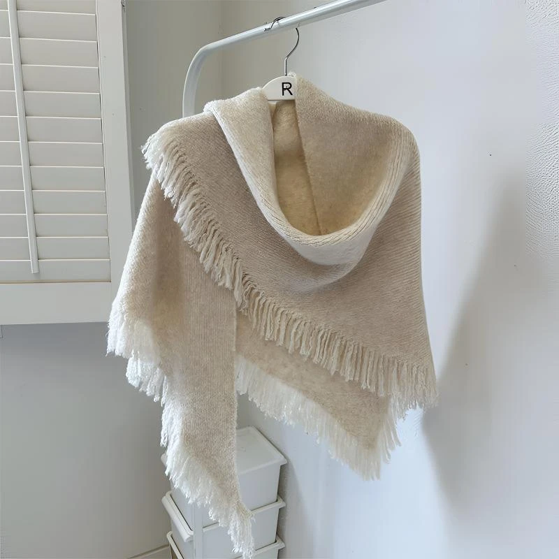 秋冬高级感韩国百搭流苏保暖围脖外搭三角巾针织羊毛围巾披肩时尚