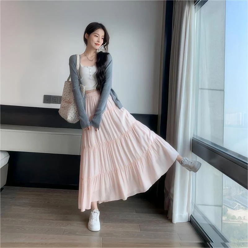 白色半身裙女春秋夏季2024新款高腰显瘦a字长裙小个子蓬蓬蛋糕裙