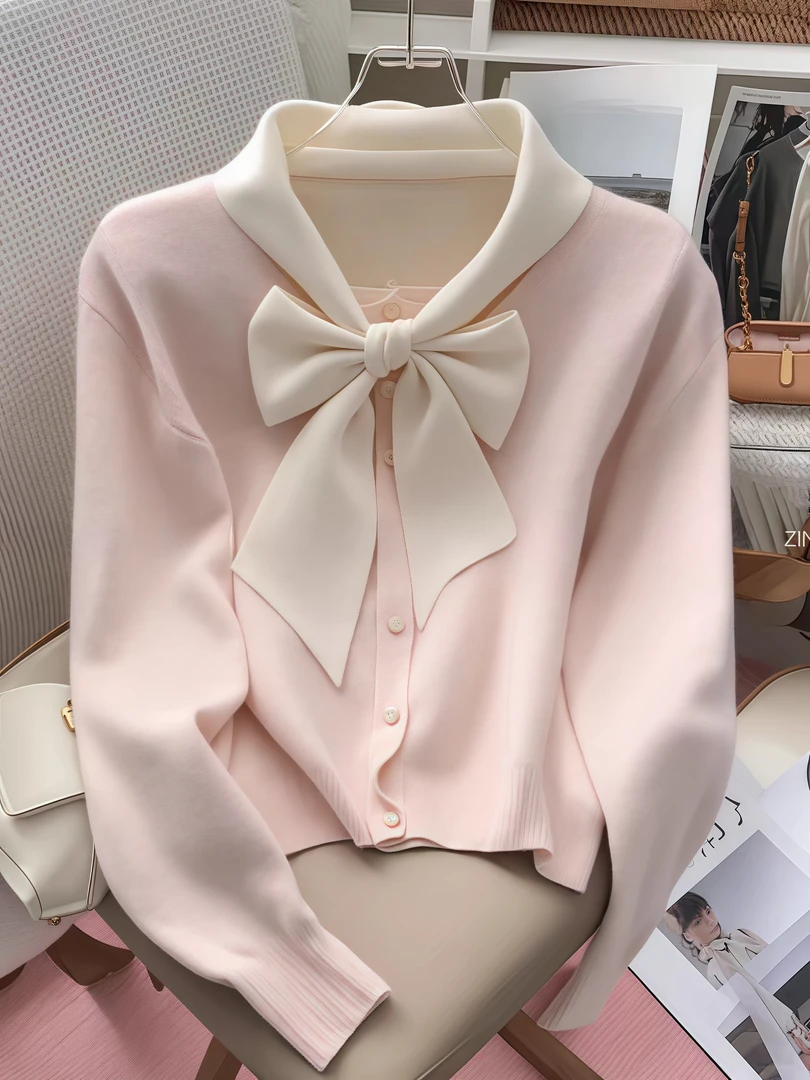 秋冬独特别致粉色蝴蝶结针织毛衫女外套设计感小众超好看长袖上衣