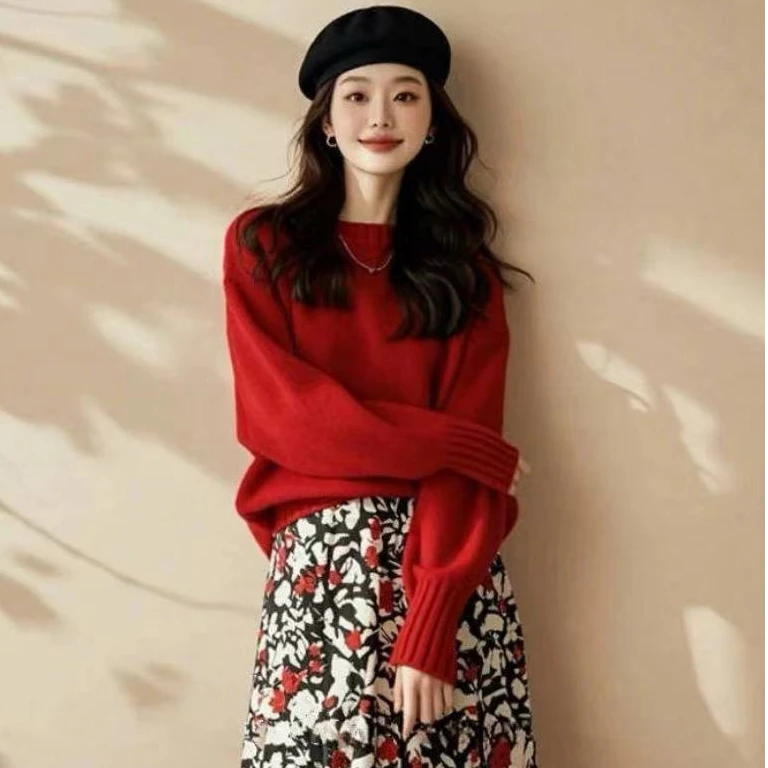 轻奢高级感时尚小香风法式轻熟风红色针织上衣碎花半身裙套装女秋
