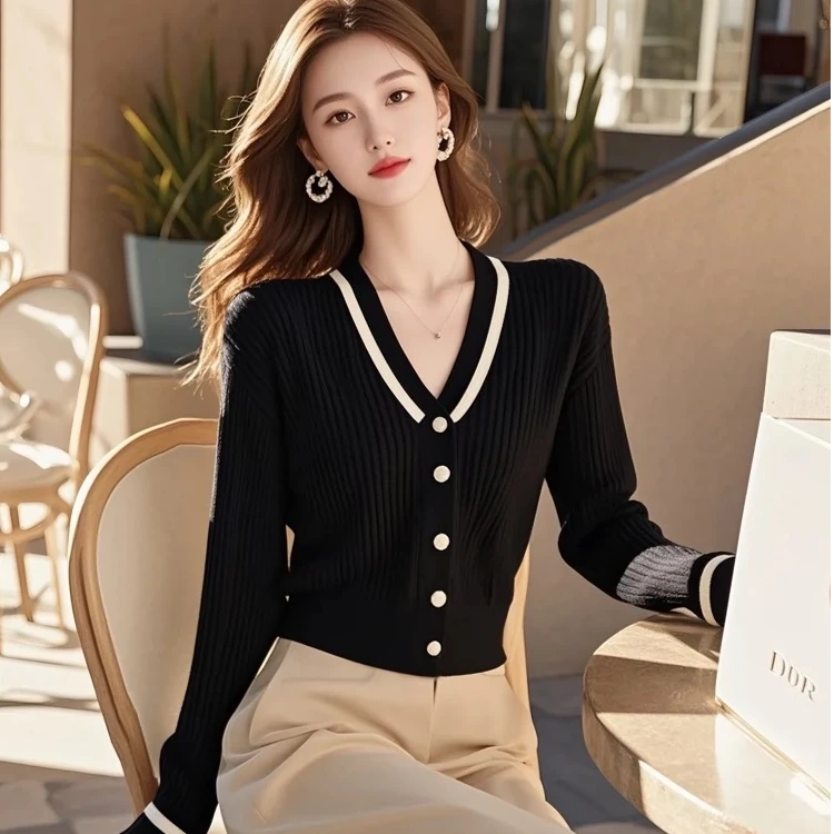 2024秋季韩系穿搭小香风套装时尚洋气黑色针织毛衣开衫裤子两件套