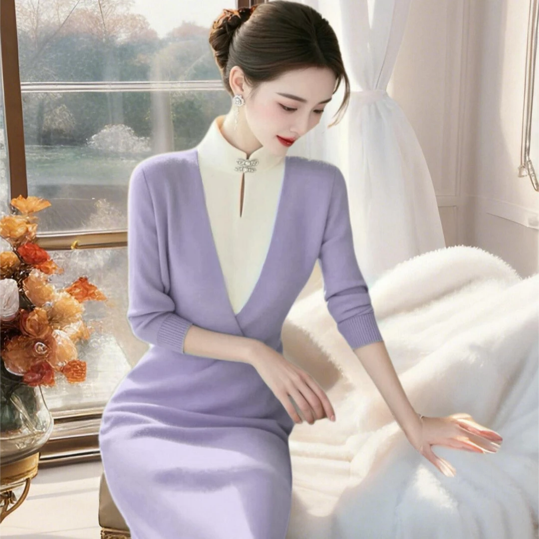 新中式国风高级感超好看气质绝美紫色假两件针织连衣裙洋气显瘦