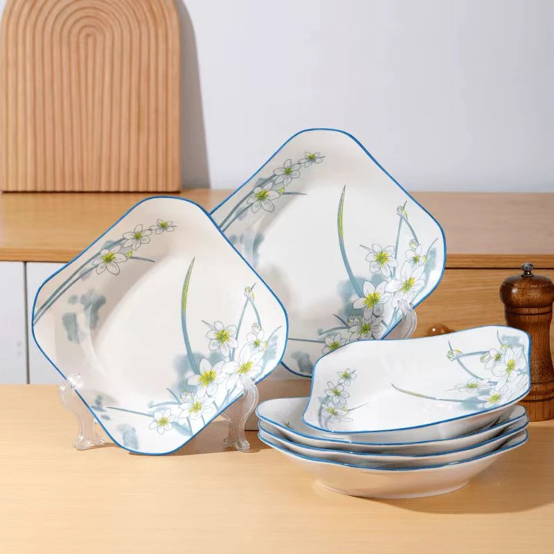 6只装釉下彩8.5英寸如意四方盘正方形盘子炒菜盘深盘异形盘家用