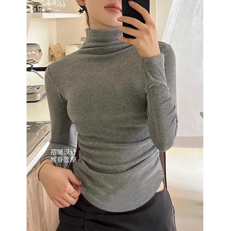 加绒半高领T恤女长袖韩版冬季设计感抽褶磨毛保暖修身内搭打底衫