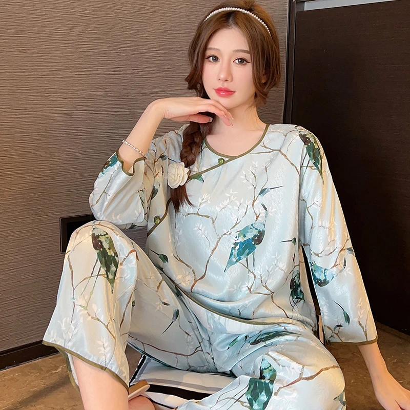 绿孔雀中式民国风睡衣女透气冰丝大码长裤套装宽松夏季家居服薄款