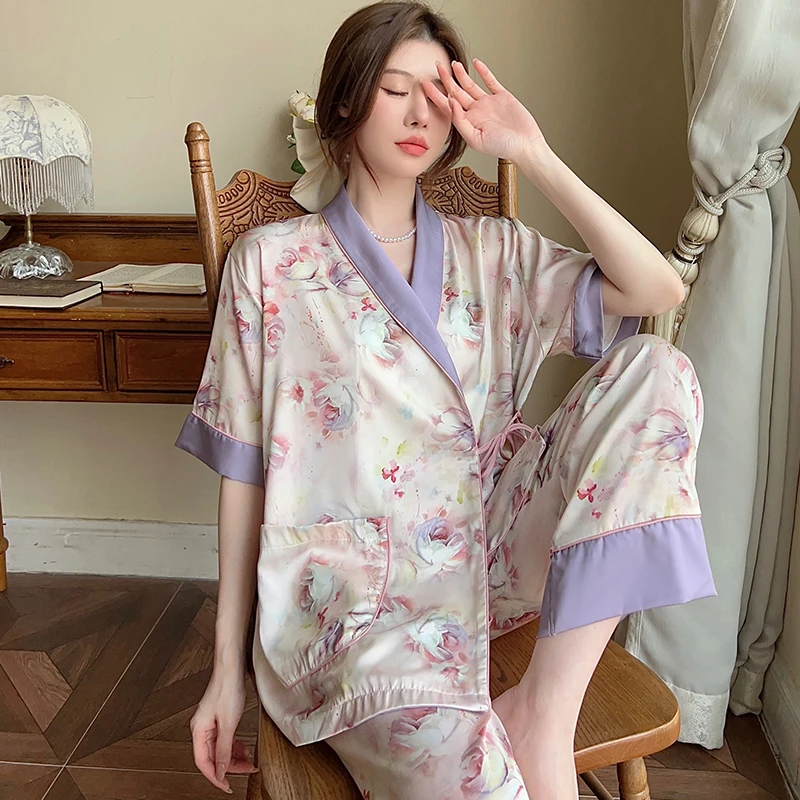 梦幻紫青果领国风冰丝睡衣女家居服薄款夏季休闲印花气质宽松大码