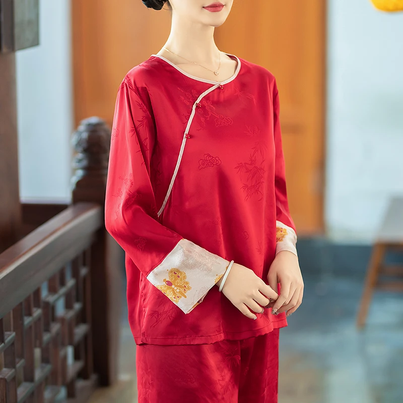 中式国风冰丝春秋女士春夏薄款家居服套装复古提花可外穿中国红色