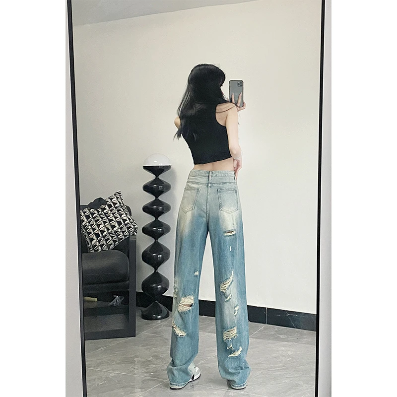 2024夏蓝色高腰直筒后破洞牛仔裤女175高个子显瘦宽松加长拖地裤
