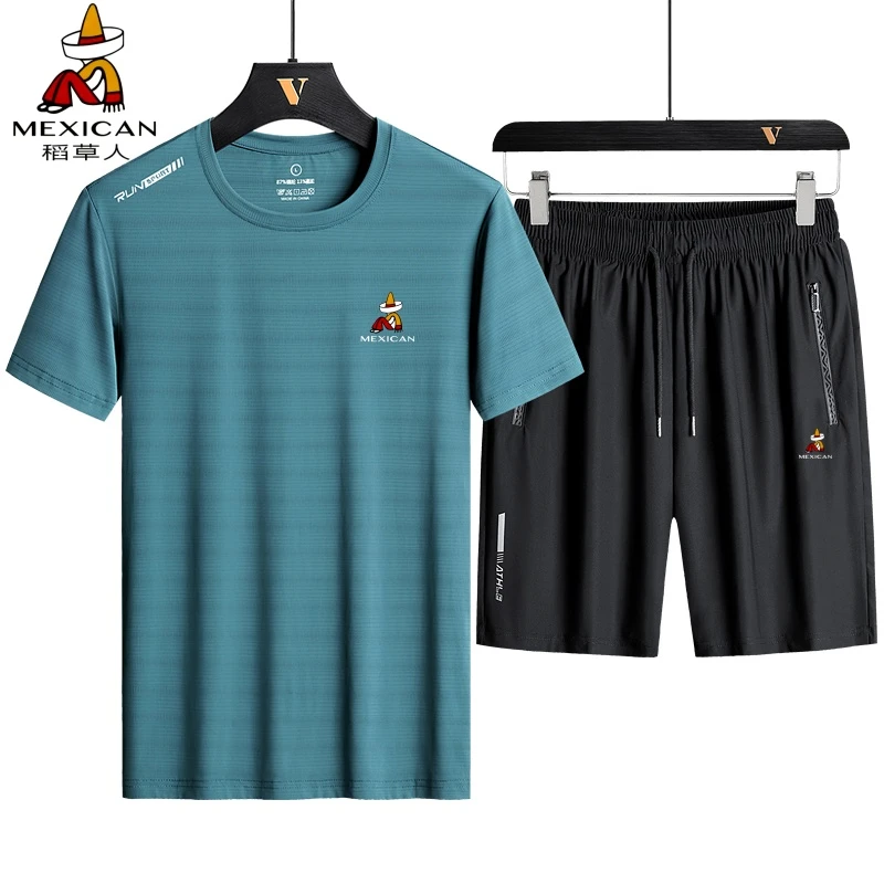 稻草人夏季男士运动短袖圆领冰丝套装大码透气速干弹力短裤两件套