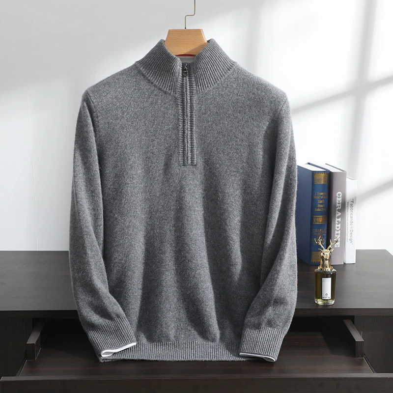 秋冬新款男士半拉链半高领套头100%纯山羊绒衫百搭加厚针织毛衣