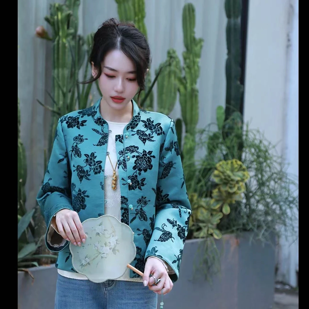 《秀秀定制》时尚宽松长袖中国风气质复古碎花漳绒外套2289