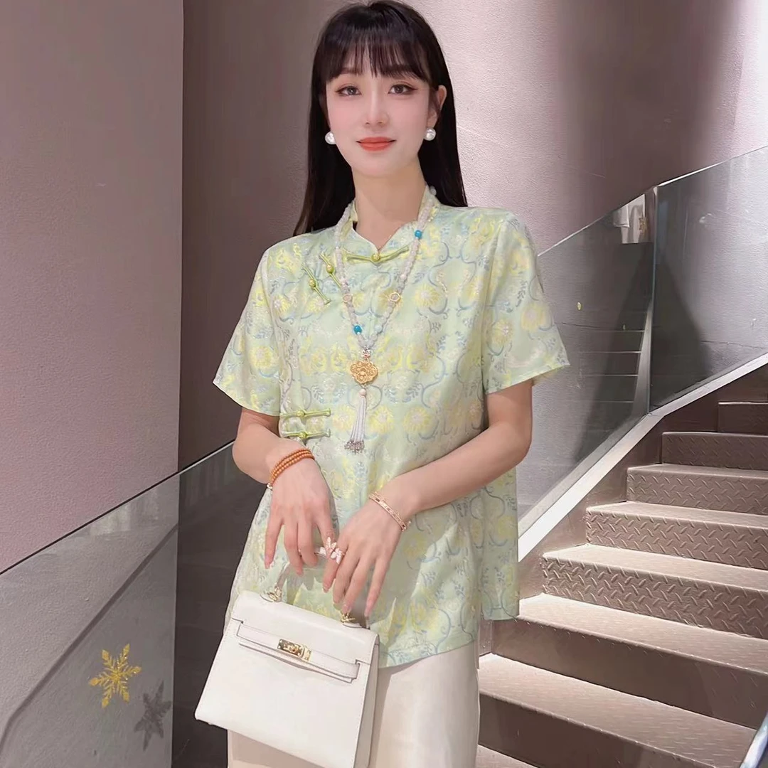 《秀秀定制》《鸳鸯并蒂莲》时尚新中式中国风百搭重磅提花女衬衫1005