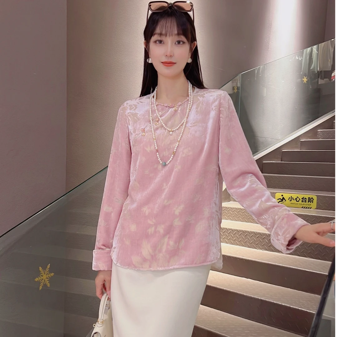 《秀秀定制》冬季时尚复古中国风新中式圆领加绒加厚少女衬衫3022