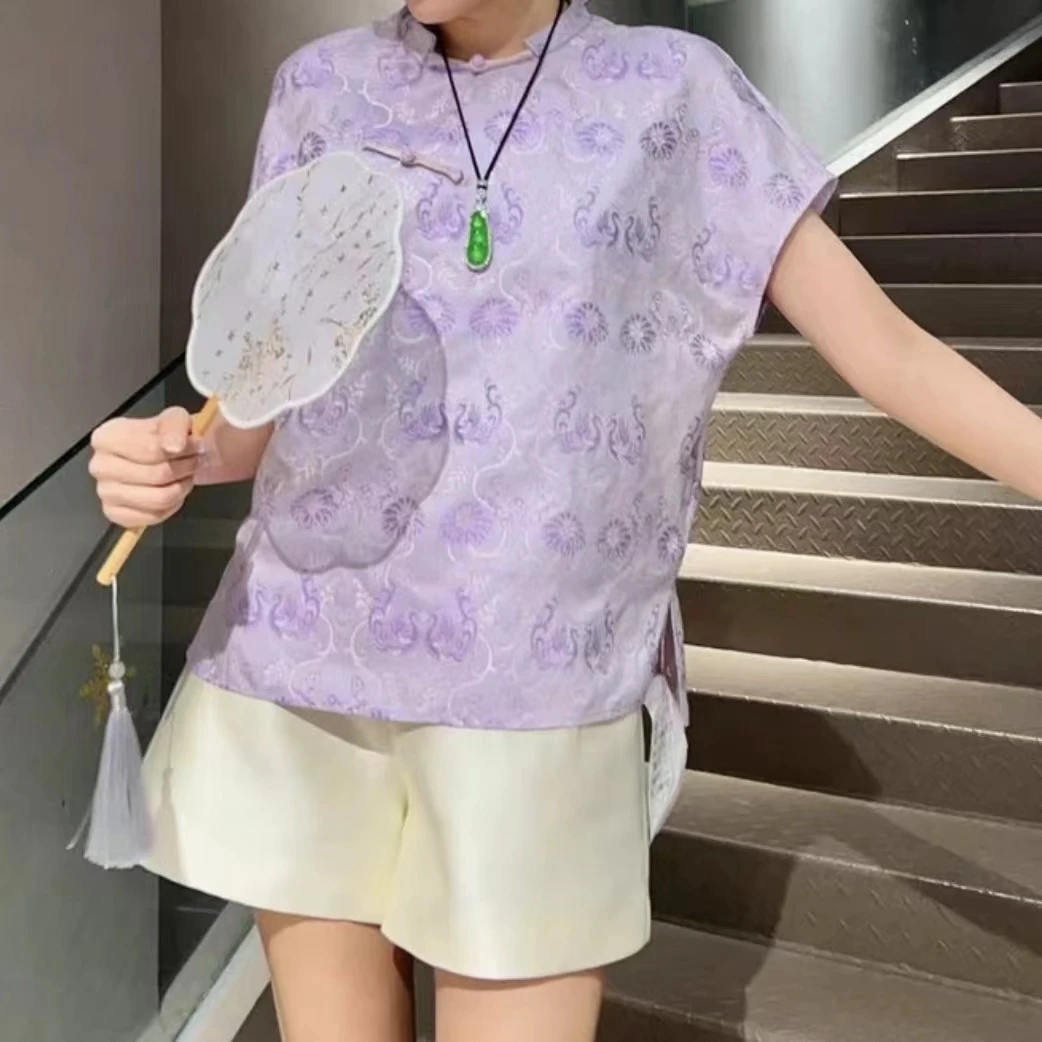 《秀秀定制》《紫莲缠枝》时尚气质百搭显瘦修身新中式圆领衬衫1486