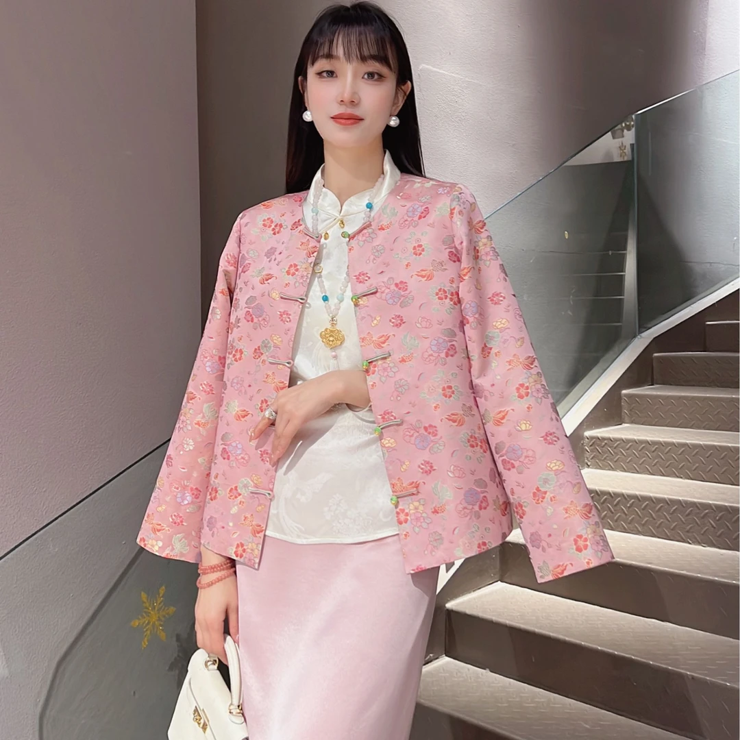 《秀秀定制》《金玉满堂》时尚中国风新中式复古真丝宋锦粉色外套0627