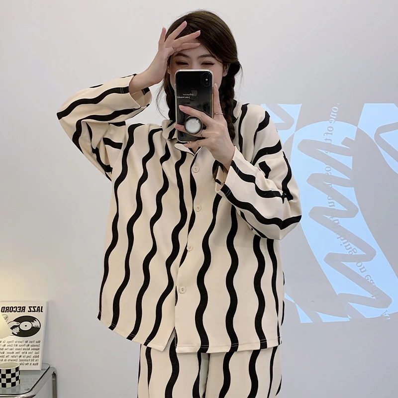 秋冬季宽松女睡衣开衫翻领大码长袖长裤学生少女可外穿家居服套装