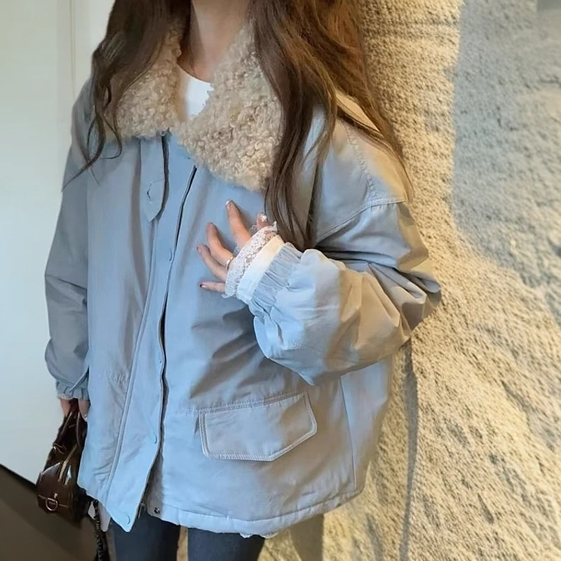 欧货翻领保暖棉服外套女2024冬季新款宽松气质休闲女派克外套