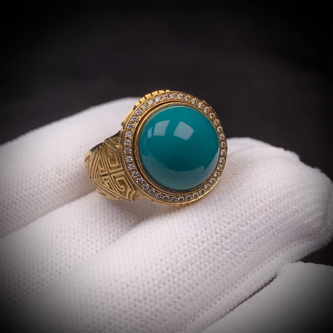 天然原矿精品绿松石地狱色戒指18K金真钻