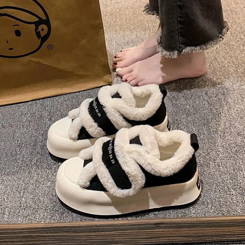 雪地靴女毛毛小白鞋2023新款冬季厚底板鞋面包魔术贴加绒保暖棉鞋