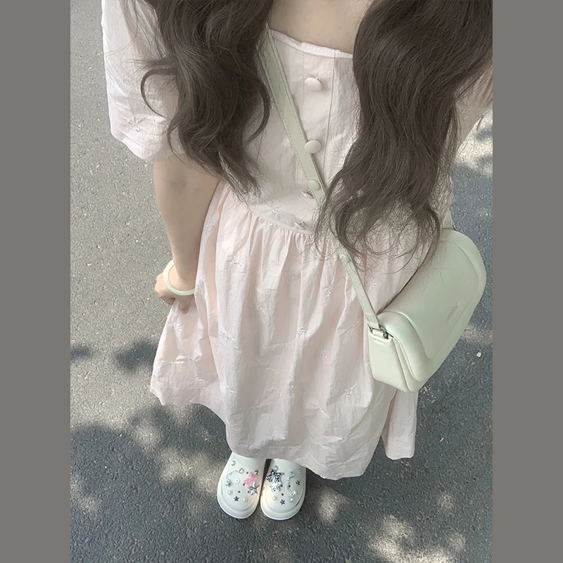 3567夏季产地好物法式气质粉色连衣裙女海边度假超好看蝴蝶结长裙