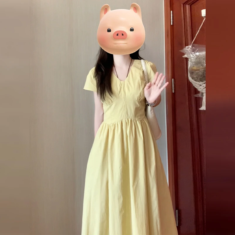 法式黄色v领连衣裙子女产地好物夏季小个子超好看长裙高级感4102