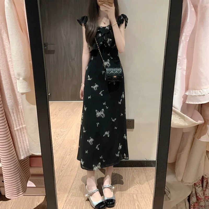 法式小飞袖蝴蝶印花连衣裙子女夏季好看独特绝美收腰显瘦长裙3027