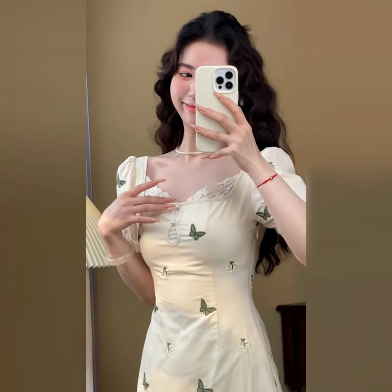 1916茶歇法式方领蝴蝶气质连衣裙子女夏季小个子收腰显瘦长裙