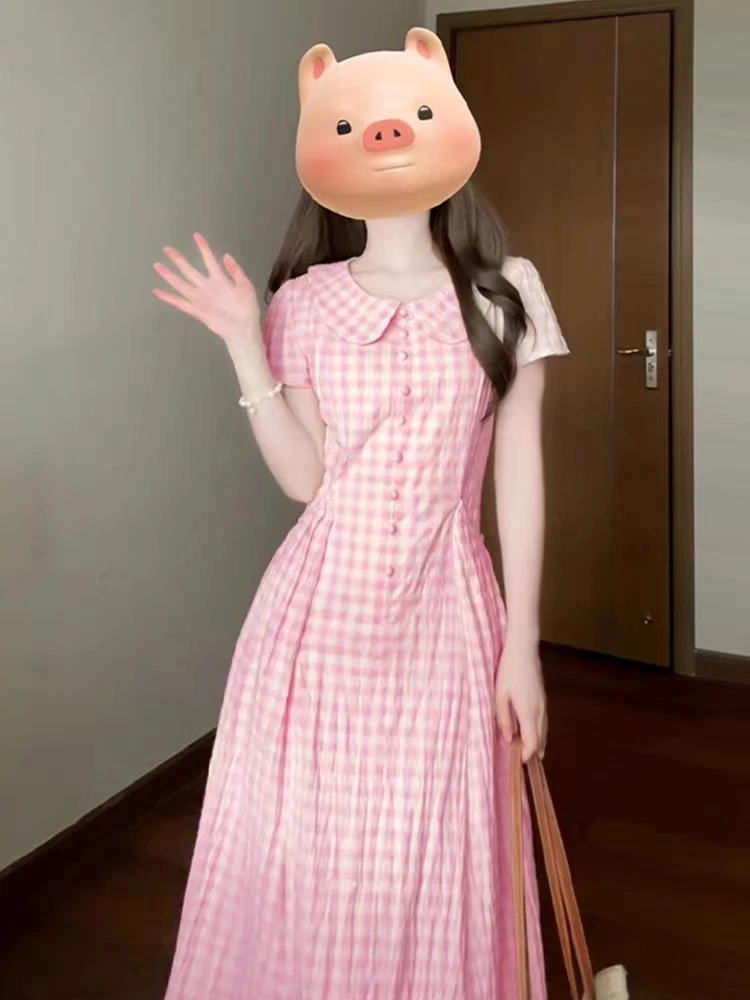 法式粉色格子连衣裙子女装夏季产地好物小个子收腰显瘦娃娃领长裙