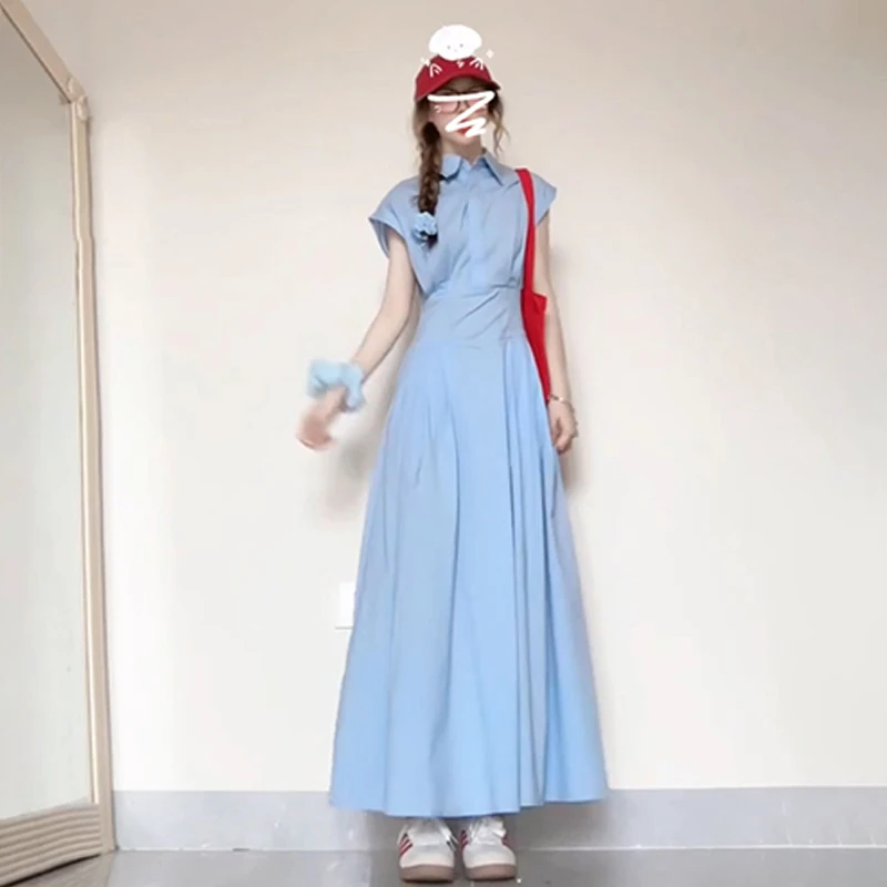 蓝色法式无袖衬衫日常子女夏季产地好物高级感收腰显瘦气质长裙