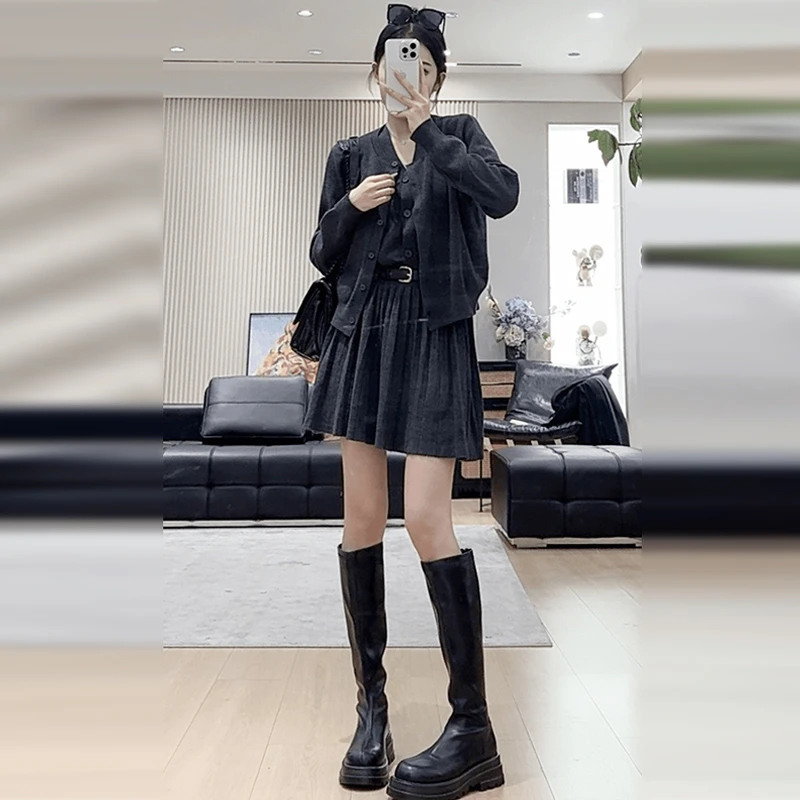 韩系小个子香风连衣裙女2025新款深秋初冬季穿搭配一整套装高级感