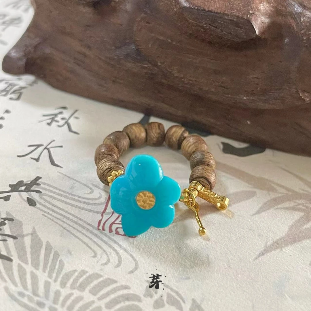 【鲸囍】绿松石花●沉香●18K金镶嵌戒指多样性发其一#8773