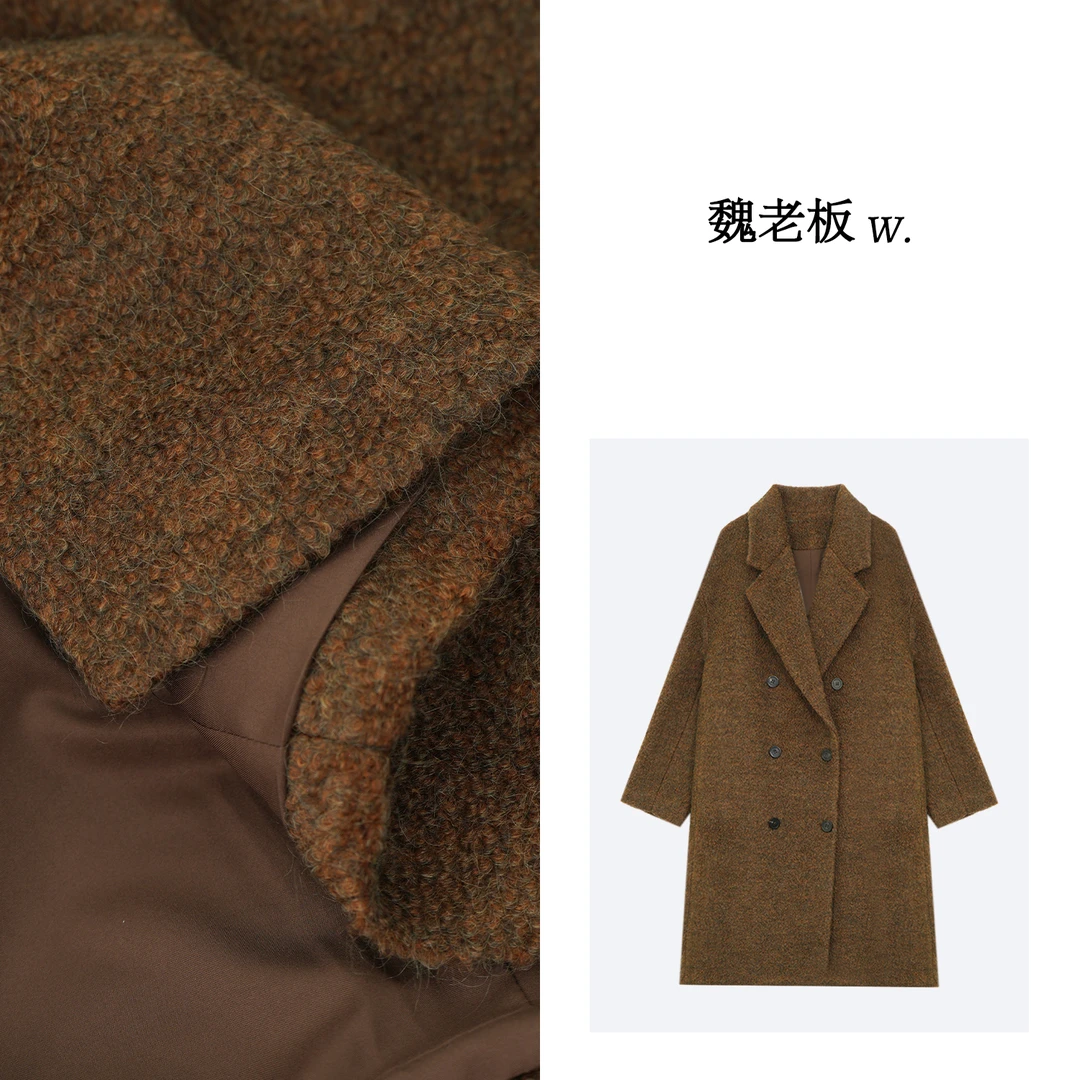 W.Diva【京都】马海毛绵羊毛长袖翻领双排扣长款大衣3C21FH866