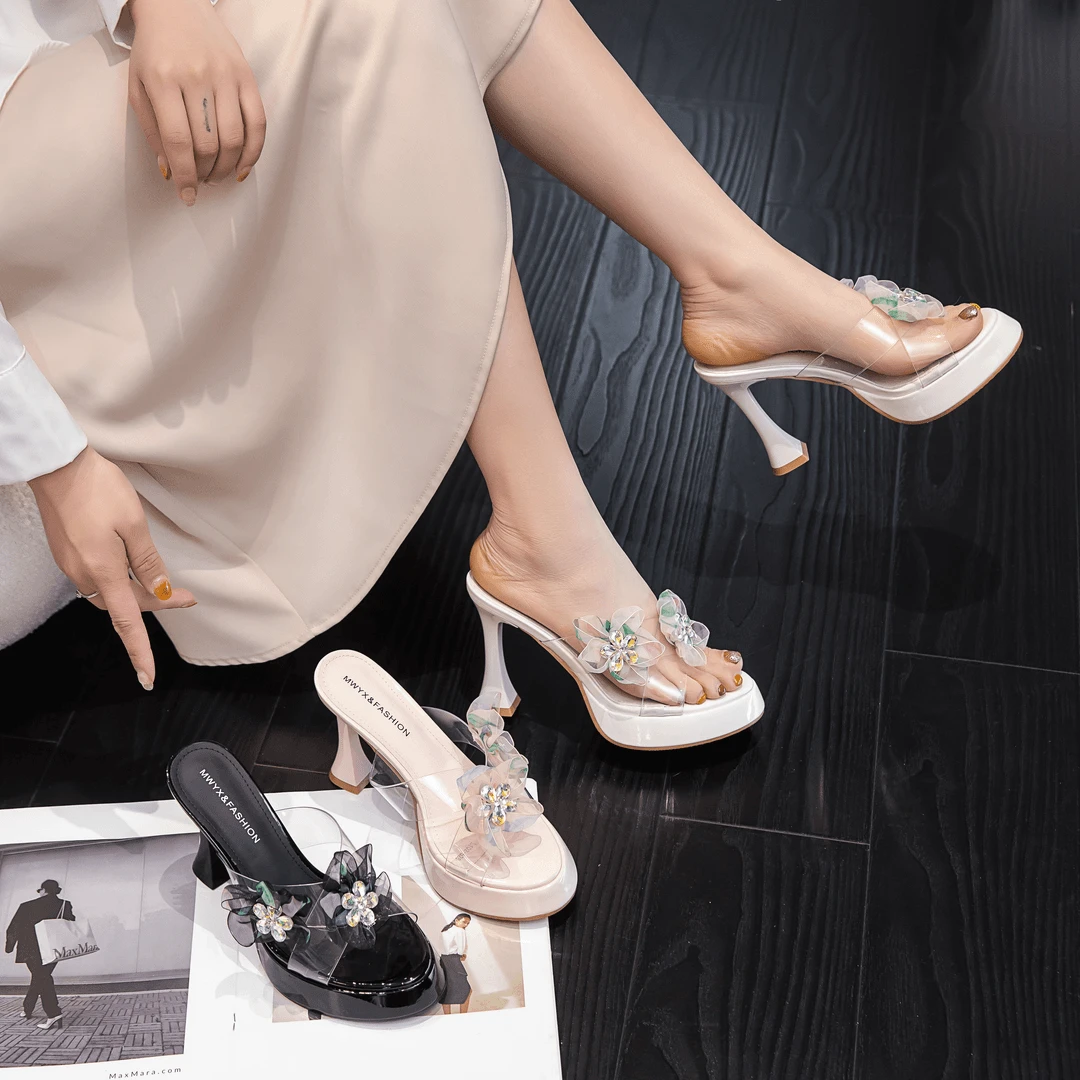 8公分春夏新款女外穿气质百搭花朵镶钻扣粗根高跟鞋102-528