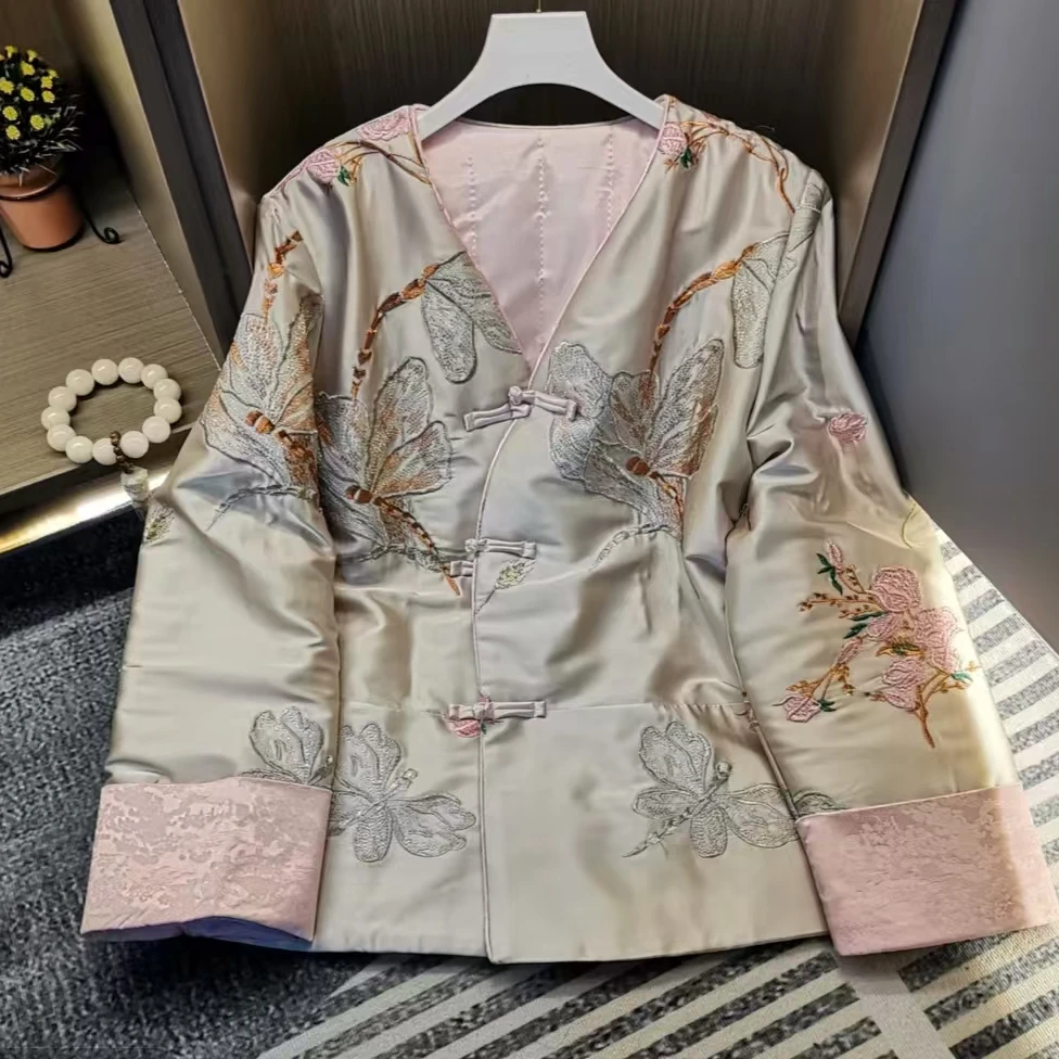 V领蝶黑色复古古风女士上衣外套中式绣花棉服棉袄